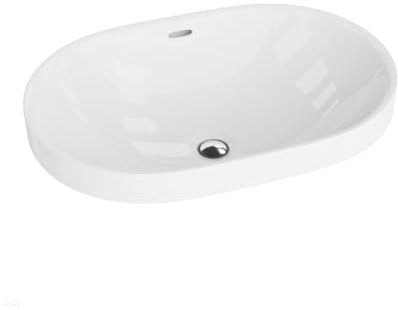 LAVITA Flush-mounted Waschbecken Puebla | Hängewaschbecken hängend | Waschtisch Rund mit Überlauf und ohne Hahnloch | Hochwertige Keramik | Badezimmer | 60x39x16,5 cm | Weiß Glanz
