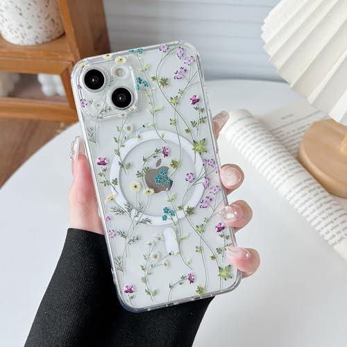 RALEAVO Magnetic Case for iPhone 13, Compatible with Magsafe Cute Flower Girls & Women Clear Case Silicone Shockproof Protective Cover with Floral Pattern Case for iPhone 13-Branches