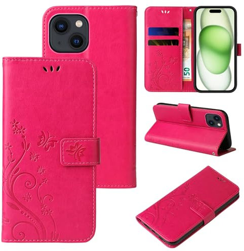 LBH Funda para Apple iPhone 15, diseño de mariposas, flores, función atril, magnética, protección completa de 360 grados, color rosa