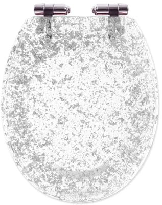 DRYFAL Abattant WC en Résine, Abattant WC avec Frein De Chute, Lunette WC en Paillettes, Lunette De Toilette Stable, Abattant WC De Haute Qualité, Ovale Antibactérien,Silver Foil