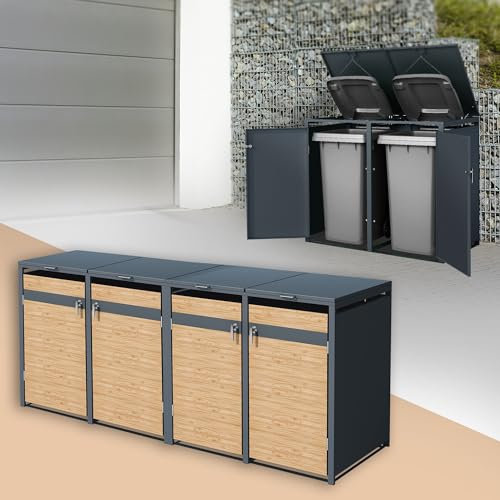 ML-Design Box pour 4 Poubelles, jusqu'à 240L, 264x80x116,3cm, en Acier, Anthracite/Aspect Mélèze, Résistant aux Intempéries, Habillage de Poubelle, Couvercle Rabattable/4 Portes, Conteneur Abri Hangar