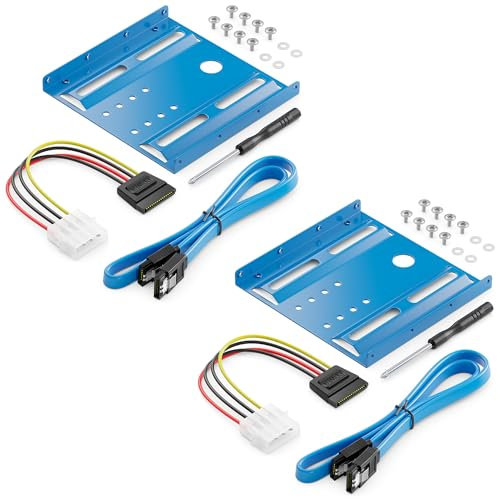 deleyCON 2X Cadre de Montage pour Disques Durs 2,5 SSD's sur 3,5 Adaptateur Cadre Amovible Cadre de Montage Support Rails avec Vis Adaptateur d'alimentation Câble SATA & Tournevis - Bleu