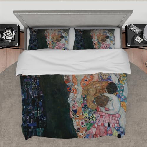 Bettbezug-Set im Gustav Klimt-Stil, 3-teilig, „Tod und Leben“, leichtes Schlafzimmer-Bettwäsche-Set aus Mikrofaser mit 2 Kissenbezügen, Reißverschluss, 4 Bändern, Doppelbett