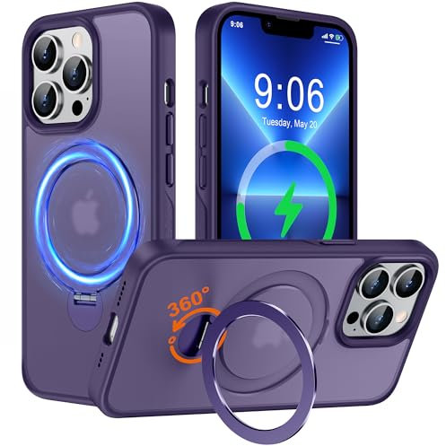 Derwav Multi-in-1 [Magnetic+ Kickstand+ Ring Holder] for iPhone 13 Pro Case, Compatible with MagSafe, 360° Rotatable Stand with Military Shockproof Silicone Frame Protection Magnetic Cover, Purple