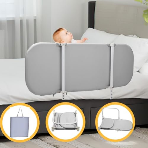Fiqops 150CM Bettgitter Rausfallschutz,Tragbar Klappbar Bettschutzgitter für Kinder 18 Monaten bis 5 Jahren Faltbar Kinderbettgitter für Reisen Schnelle Montage,Grau