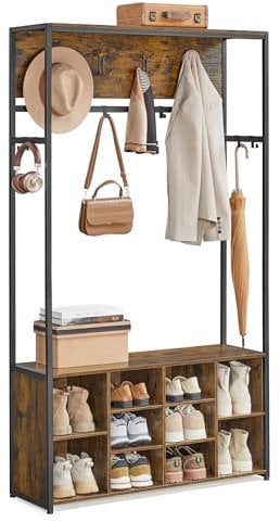 VASAGLE Porte-Manteau, Meuble d’Entrée, avec Étagères à Chaussures, Étagères Réglables, Compartiments Ouverts, Style Industriel, pour Entrée, Couloir, Marron Rustique et Noir d'Encre HSR432K01