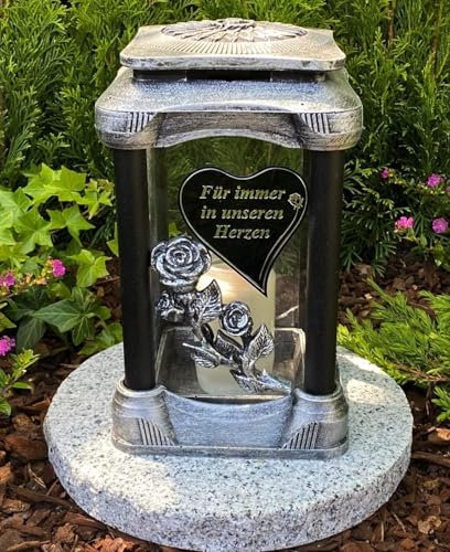 Grablampe mit GRANITSOCKEL NEU! Handmade - Herz mit Beschriftung Für Immer in unseren Herzen, Grabkerze Grabdekoration Grabschmuck Gartenlampe incl. Grabkerze und Sockel...