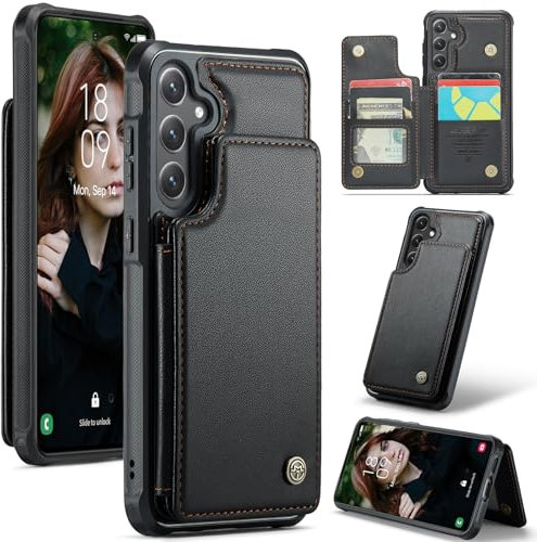 FONREST Étui portefeuille arrière fin pour Samsung-Galaxy-S24-FE avec blocage RFID et emplacements pour cartes à rabat et béquille, résistant aux chocs, coque de protection arrière en cuir TPU + PU
