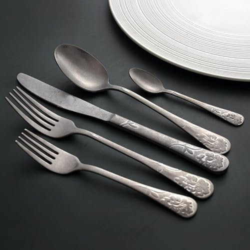 KLLJHB Besteckset, Besteck, Besteckset, 5/20/30/40/50/60-teilig, Retro-Besteck aus 304 Edelstahl, Azaleenprägung, Steakmesser, Gabel, Löffelset, Kaffeelöffel, Kuchengabel