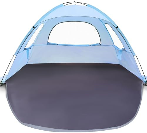 WhiteFang Strandzelt, UV-Schutz, tragbar, Sonnenschutz, für 6 Personen, ausziehbarer Boden mit 3 belüfteten Netzfenstern plus Tragetasche, Heringen und Abspannleinen (Sierrablau)