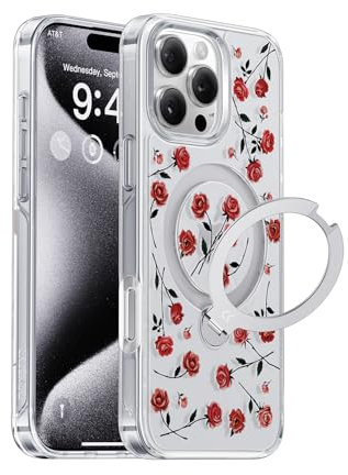 CASEKOO 360° MagicStand for iPhone 15 Pro Max Case with Magnetic Ring Stand [Compatible with MagSafe] [Military-Grade Shockproof Protection] Clear Rose Case 6.7 inch, Vital Rose