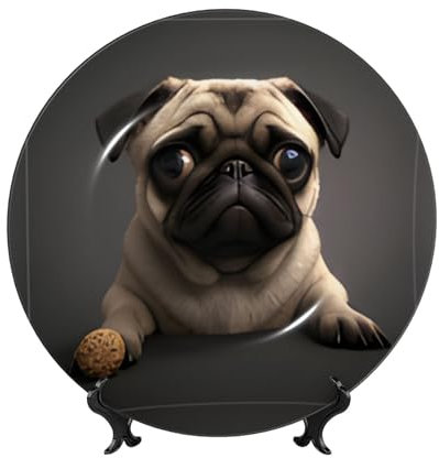 Cbxyfcbc Stilvoller, niedlicher Mops-Hund, dekorativer Teller aus Knochenporzellan, mit Ständer, niedlich, 15,2 cm, 17,8 cm, 20,3 cm, 25,4 cm, dekorative Porzellan-Speiseteller für Zuhause, Büro und