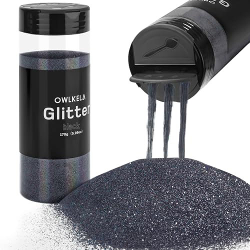 OWLKELA 170g/5.99oz Fine Glitter, Black Glitter Powder for Sesin, Art & Craft, Nail, Hair, Face, Body, Slime, Festival Cosmetic Powder for Painting, Candle/Soap Making, Waxing