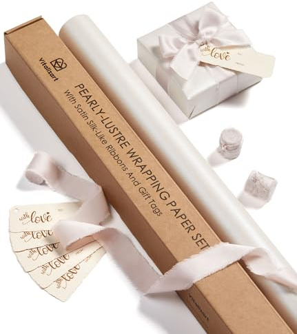 Vitalizart 76 cm x 5 m Weißes Geschenkpapier mit Beigem Geschenkband | Geschenkpapier Set mit Geschenkanhänger Recycelbar, Perlglanz Papierrolle für Weihnachten Geburtstag Hochzeit Geschenk