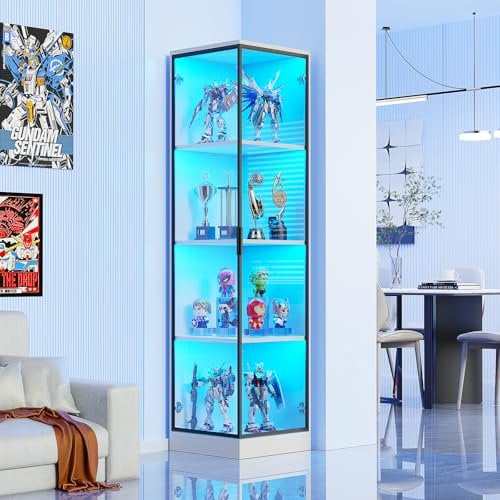 BROTTAR 4 Tier Corner Display Cabinets, 62.9 Tall Bookcase Bookshelf with Lights and Magnetic Lock, Storage Cabinet with Human Sensor for Living Room Corner Shelf Unit, White
