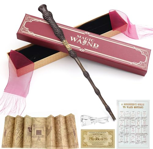 PLLYPE Baguette magique avec lumière, 38 cm, chargement USB, dans une boîte cadeau avec carte, carte de sort, carte de trajet et support, pour Halloween, carnaval, cosplay