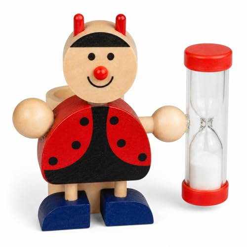 MIJOMA Zahnbürstenhalter aus Holz mit Sanduhr – lustige Tierfiguren, ca. 8x8,5 cm – spielerisches Zähneputzen, 3 Minuten Timer, pädagogisch & dekorativ (Marienkäfer Rot)