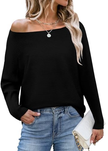 Elesomo Damen U-Boot-Ausschnitt Fledermausärmel Oversize Pullover