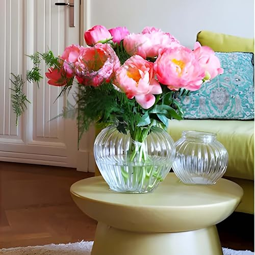 Sarabi Vintage-Vase aus Glas – bauchige, geriffelte Dekovase für Blumen, Tischdeko & Wohndekoration – Blumenvase Retro-Look - Tischvase - Blumenvase (H 20 cm - Ø 22 cm)