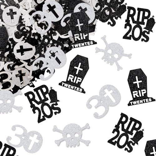 RIP 20s Geburtstag Konfetti – 100 Stück „Death to My 20s“ Tischkonfetti – Schwarz & Silber Glitzer Gothic Totenkopf „Cheers to 30 Years“ Tischdeko – Abschied von meinen 20ern 30. Geburtstags Partydeko