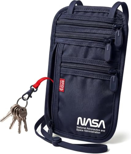 NASA Brustbeutel für Damen und Herren – RFID Reisepass (Lunar Blue) | Flacher Halsbeutel | Offizielles NASA-Produkt | RFID-Schutz | Schlüssel-Karabiner | Wasserabweisend | Atmungsaktiv