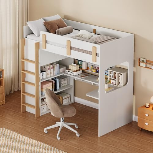 Besbed Bunk Bed with Desk and Shelves, Loft Bed with Storage Stairs and Slatted Frame, 3FT Wooden Bed Frame for Kids Bed, 90 x 190cm, (Without Mattress)