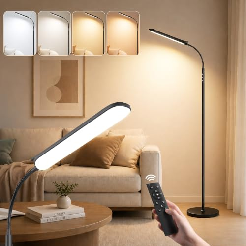 Torkase LED Stehlampe Wohnzimmer, 18W 1800LM Dimmbare Stehleuchte mit Magnetischer Fernbedienung, 360° Flexibler Schwanenhals Leselampe Schlafzimmer, 2700K-6500K Modern Schwarz