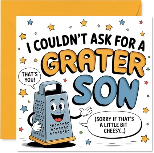 Funny Birthday Card for Son, Utterly Grate Pun | Cheese Grater and Stars Cartoon with Playful Message, 145mm Square, Envelope Included
