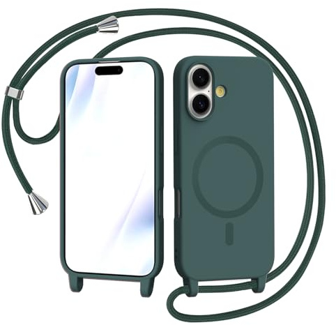 AOMYKE Handyband für iPhone 17 Hülle mit Band, Magnetisch Handyhülle kompatibel mit Magsafe zum Umhängen Schutzhülle mit Kette Kordel Weich TPU Silikon Case，Grün