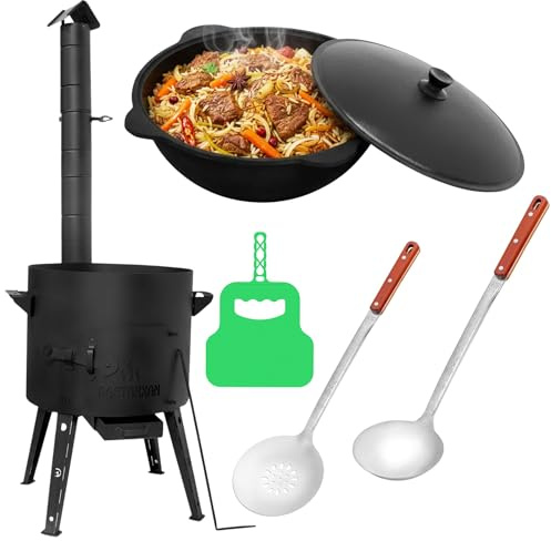 Kazan Set 12 Liter mit Ofen – Gusseisen Kasan mit Aluminiumdeckel, Schaumkelle & Suppenkelle – Outdoor Kochset für Plov, Camping, BBQ Feuerofen Utschak - Außenküche Eintopfofen