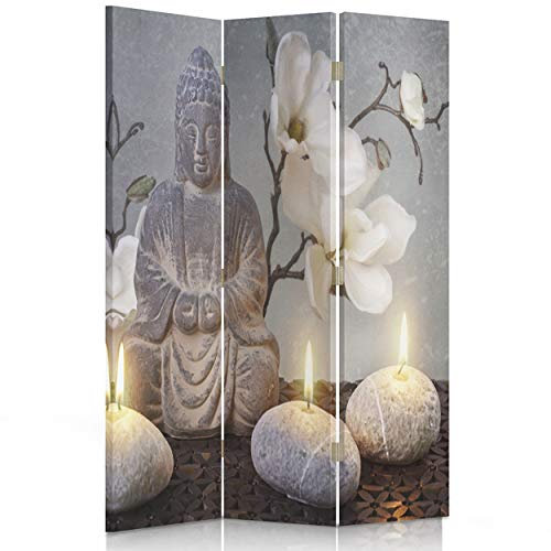 Feeby Paravent Buddha 110x150 cm 3 Teilig Einseitig Modern Design Beidseitig Raumteiler Wandschirme Foto Trennwand Raumtrenner Sichtschutz Spanische Wand auf Leinwand Bedruckt Zen-Kultur Kerzen Blumen