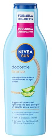 NIVEA SUN Doposole Bronze 200 ml, Dopo sole abbronzante corpo e idratante 48h+, Aftersun con Aloe Vera Bio, Vitamina E e Estratto Pro-Melanina, Assorbimento rapido, Tutti i tipi di pelle