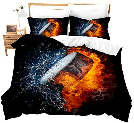Loussiesd Eishockey Bettwäsche Set Sportthema Puck Hockey Bettbezug Set 200x200 cm für Kinder Jungen Rote Flammen und Blaues Wasser Dekor Mikrofaser 3 STK mit 2 Kissenbezug 80x80 cm