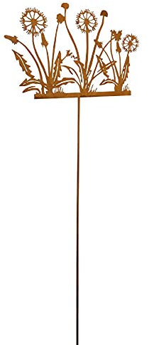 dekorativer ausgefallener Gartenstecker Motiv Löwenzahn und Pusteblume als Flache Silhouette Metall rostig