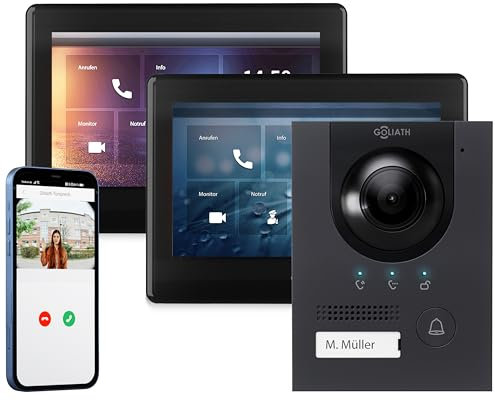 GOLIATH Full-HD Video Türsprechanlage, Aufputz Türstation in Anthrazit, 1 Familienhaus Set, 2X Touchscreen Monitor schwarz, 2 Draht Bus Gegensprechanlage, 2MP Kamera, 180° Weitwinkel, AV-BUS-123
