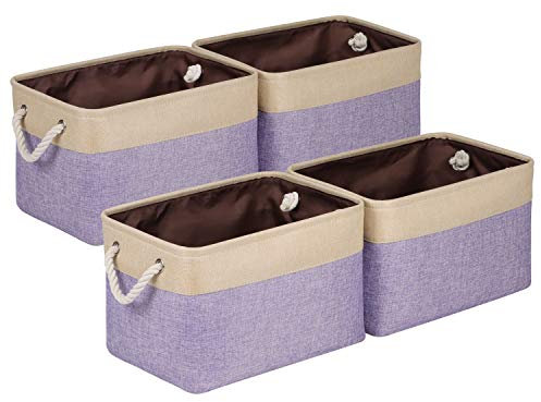 Univivi Foldable Storage Basket 4 Pack, Rectangle Large Storage Baskets with Sturdy Cotton Carry Handles, Fabric Storage Box for Sorting Clothes, Books, Toys, Family Items (15inch Purple)
