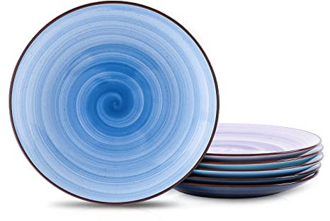 Selamica Keramik 25,4 cm Speiseteller, große Pastateller, Servierplatte Teller Set für Vorspeise, Pfannkuchen, Steak, 6er-Set, schwarze Sprenkel, Farbverlauf blau