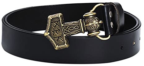 WYPAN Thor Hammer Mittelalterlicher Wikinger Gürtel, Brauner Schwarzer Langer Lederritter Freizeitgürtel Für Herren, Vintage Renaissance Cosplay Kostümzubehör,Thor's hammer,110cm