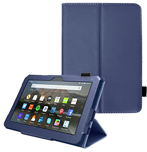 TECHGEAR Coque Compatible avec Nouvelle Amazon Fire 7 Pouces (12ème Gén / 2022) Etui de Protection en Cuir PU avec Prise Main [Bleu Marin] Fonction Mise en Veille pour Tablette Amazon Fire 7 2022