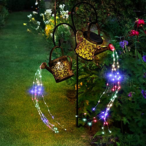 Luz solar para regadera, paquete de 2 adornos de jardín, decoración al aire libre, regadera, luces solares IP65, impermeable, iluminación de camino de metal con cadena de luces y gancho de pastor