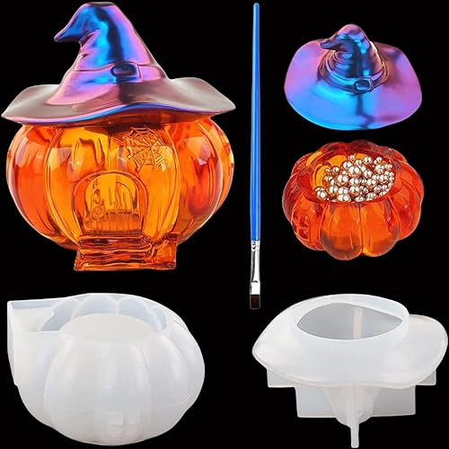 KangBaz 2 Stück Resin Silikonformen Kerzenhalter Halloween Silikonform Schmuck mit Bürste, Resin Gießharz Silikon Mold Kürbis Harz Aufbewahrungsbox Form Silikonform für Herstellung Kürbis Lampe
