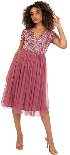 Maya Deluxe Women's Embellished Midi Evening Dress Ladies V Neckline with Short Sleeve for Prom Wedding Bridesmaid, Desert Rose, 12