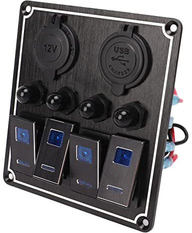 Tbest Panel de Interruptores Marinos para Barcos, Panel de Interruptores Basculantes de 4 Bandas con Toma de Encendedor de Cigarrillos USB, Panel de Interruptores de Combinación de