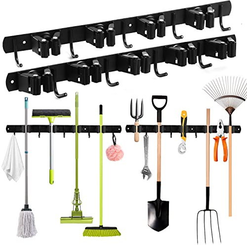 devesanter Broom Holder 2 Pcs Stainless Steel Mop Holder,Wall Mounted Broom Holder Self Adhesive with 9 Trestle 9 Hooks for Kitchen, Bathroom,Office, Closet, Garden,Garage(black)