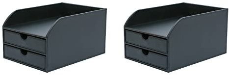 OSCO Black Faux Leather 2 Tier Sorter with Letter Tray | 2 Pack | A4 | Drawers | Desk Tidy | Document Storage | Paperwork Organiser | File Holder | 35 x 25 x 18.5 cm