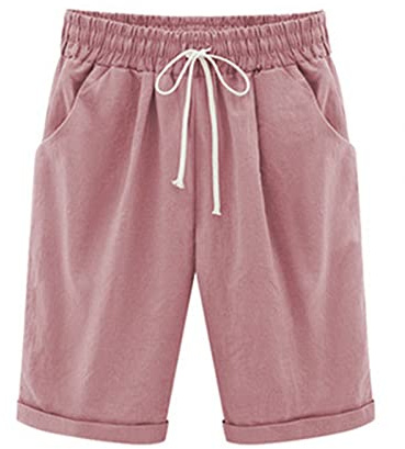 oglccg Womens Half Pants Plus Size Knee Length Cotton Linen Shorts with Pockets Summer Solid Beach Vacation Straight Leg Trousers Drawstring Elastic Waist Bermuda Casual Work Shorts, #09 Pink, 5XL
