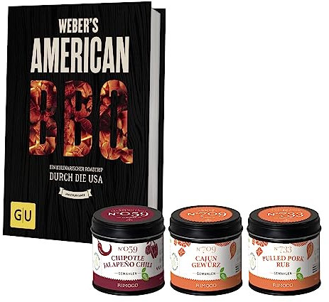 Weber's American BBQ Kochbuch + 3 abgestimmte BBQ Bio Grillgewürze + 2 extra Einsteiger Rezeptkarten | Das perfekte Geschenkset für Männer | Weber Kochbuch + Rimoco Bio Grillgewürze Set