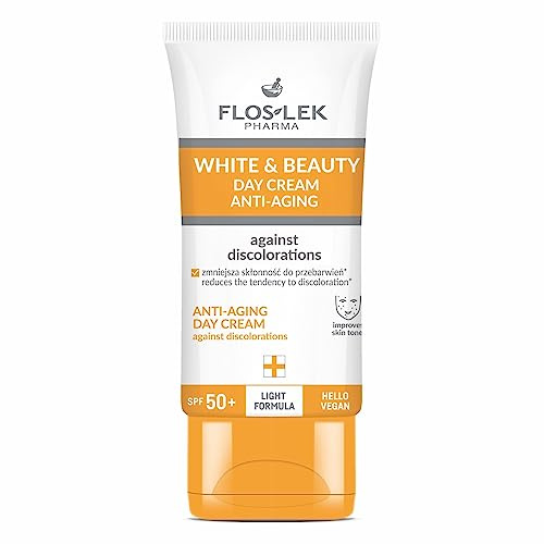 FLOSLEK WHITE & BEAUTY Anti-Aging Tagescreme gegen Pigmentflecken LSF 50+ | Gesichtscreme mit Lichtschutzfaktor gegen Falten und Augenring | beseitigt Altersflecken und Unreinheiten | 50 ml