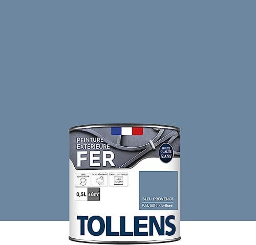 Tollens - Peinture extérieure fer 2 en 1 - Ultra Résistante - Protection antirouille - Laque Riche en Résine - Sans Sous-Couche - Entretien Facile - Satin - Bleu Provence - 0,5L = 8m2