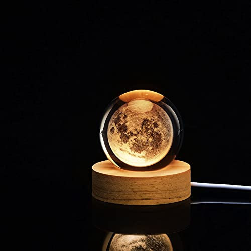 Bolas de Cristal de Galaxia 3D Luz Nocturna, Sistema Solar Bolas de Cristal Luz Nocturna, Base de Luz de Madera LED, Láser de Planeta Grabado Bolas de Cristal Holográficas Luz, Regalo de(luna)